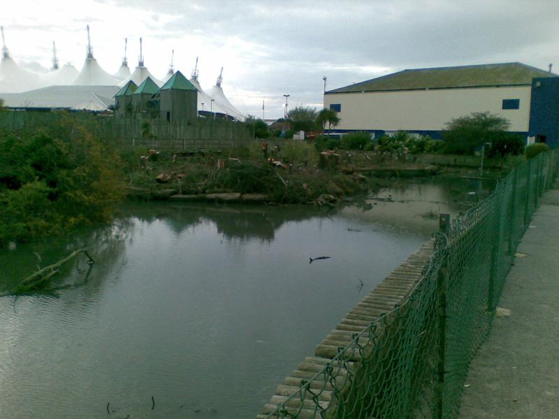 The boating lake with the Skyline and old reception building in the background