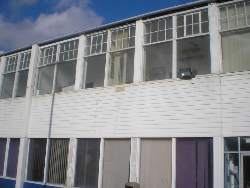 Windows along the back of the old reception building