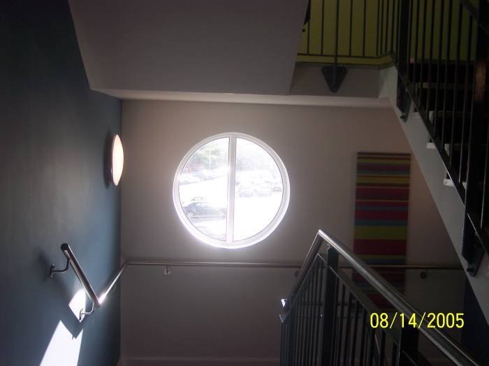 A stairwell in the Shoreline Hotel