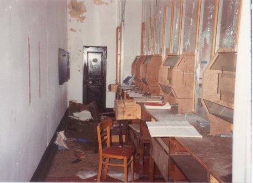 Rear of Post Office counter. The safe can be seen in the background