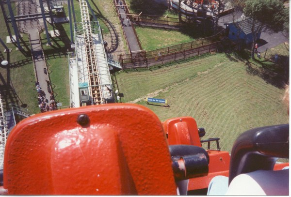 Looking straight down on the Boomerang coaster