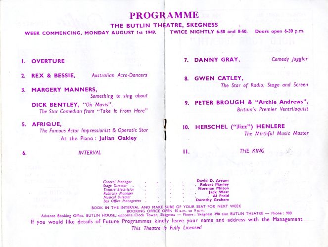 Skegness Butlin Theatre Programme 1949